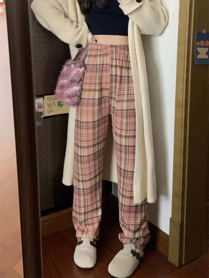 Winter Pants- Plush Lined Plaid Loungewear Pants for Women- Pink- IndioGear Women Clothing