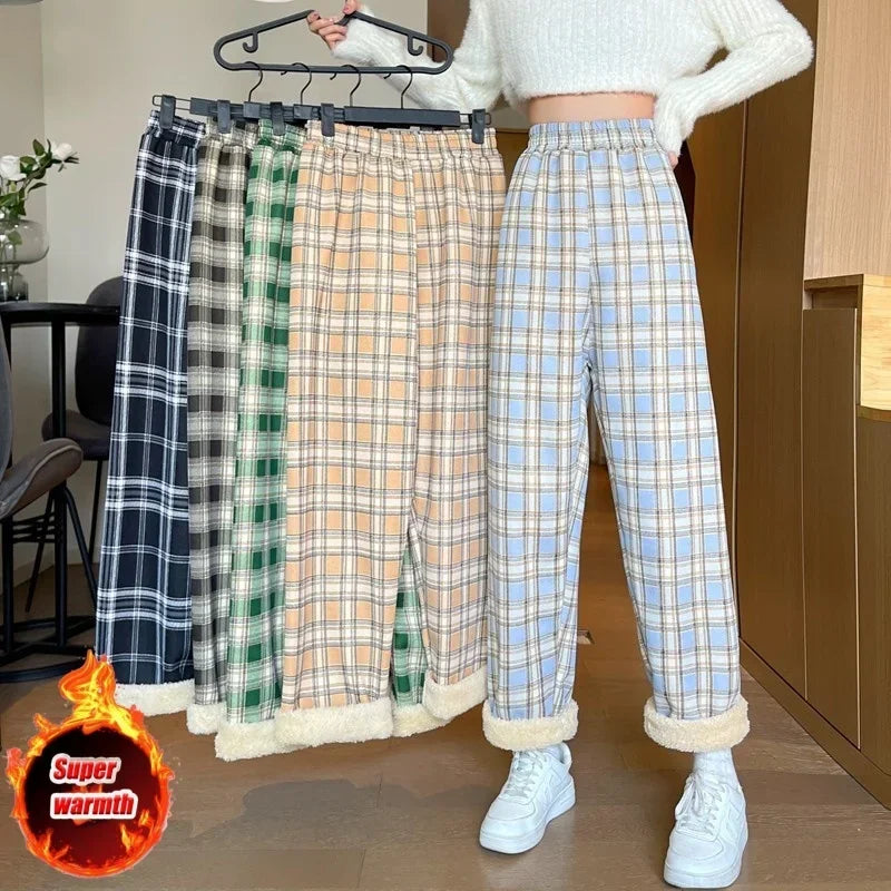 Winter Pants- Plush Lined Plaid Loungewear Pants for Women- - IndioGear Women Clothing