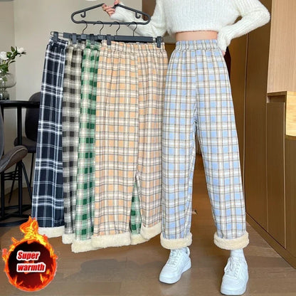 Winter Pants- Plush Lined Plaid Loungewear Pants for Women- - IndioGear Women Clothing