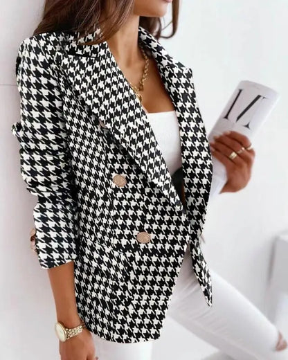 Women Blazers- 3D Print Fabric Long Sleeve Double-breasted Short Business Blazer- - IndioGear.com