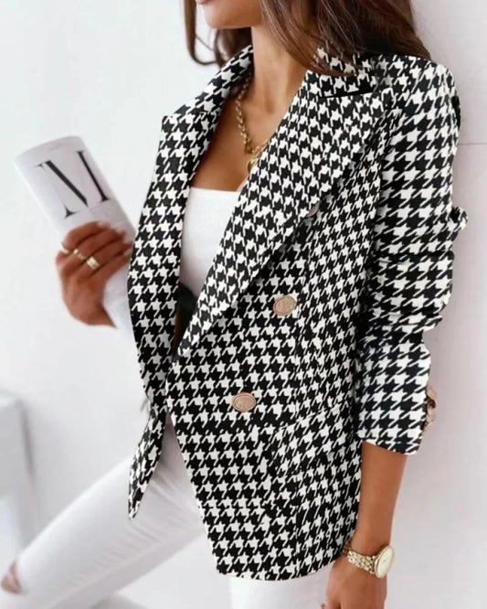 Women Blazers- 3D Print Fabric Long Sleeve Double-breasted Short Business Blazer- - IndioGear.com