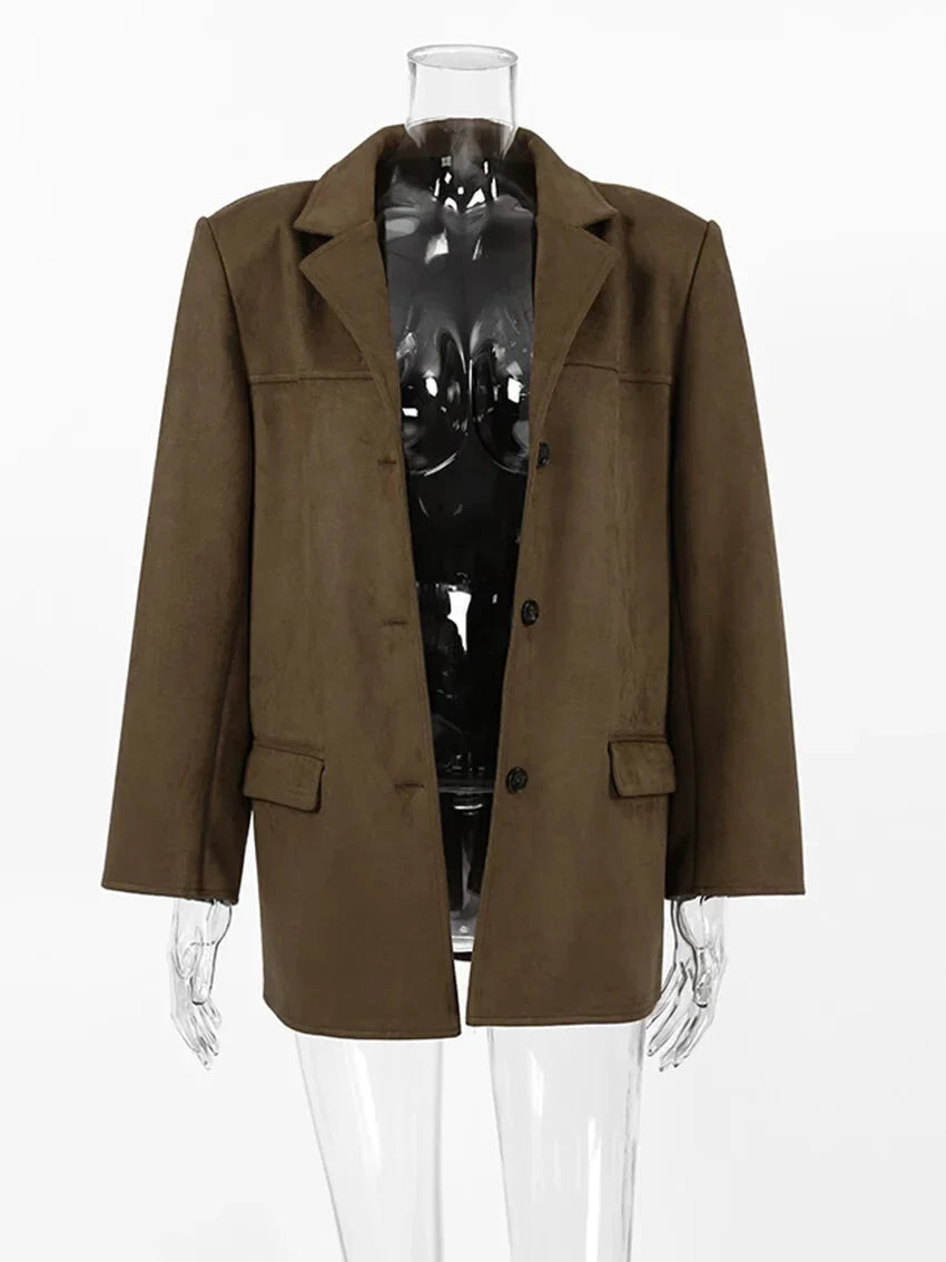 Women Blazers- Faux Suede Brown Velvet Coat – Luxe Fall Fashion- - IndioGear.com