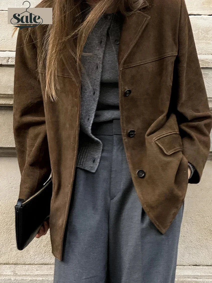 Women Blazers- Faux Suede Brown Velvet Coat – Luxe Fall Fashion- - IndioGear.com