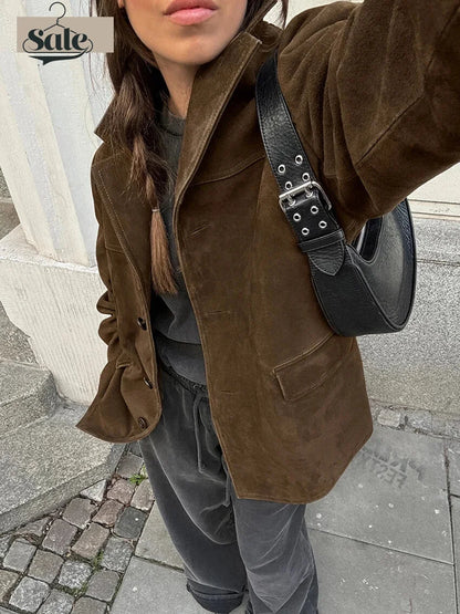 Women Blazers- Faux Suede Brown Velvet Coat – Luxe Fall Fashion- - IndioGear.com