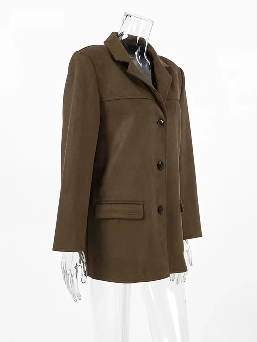 Women Blazers- Faux Suede Brown Velvet Coat – Luxe Fall Fashion- - IndioGear.com