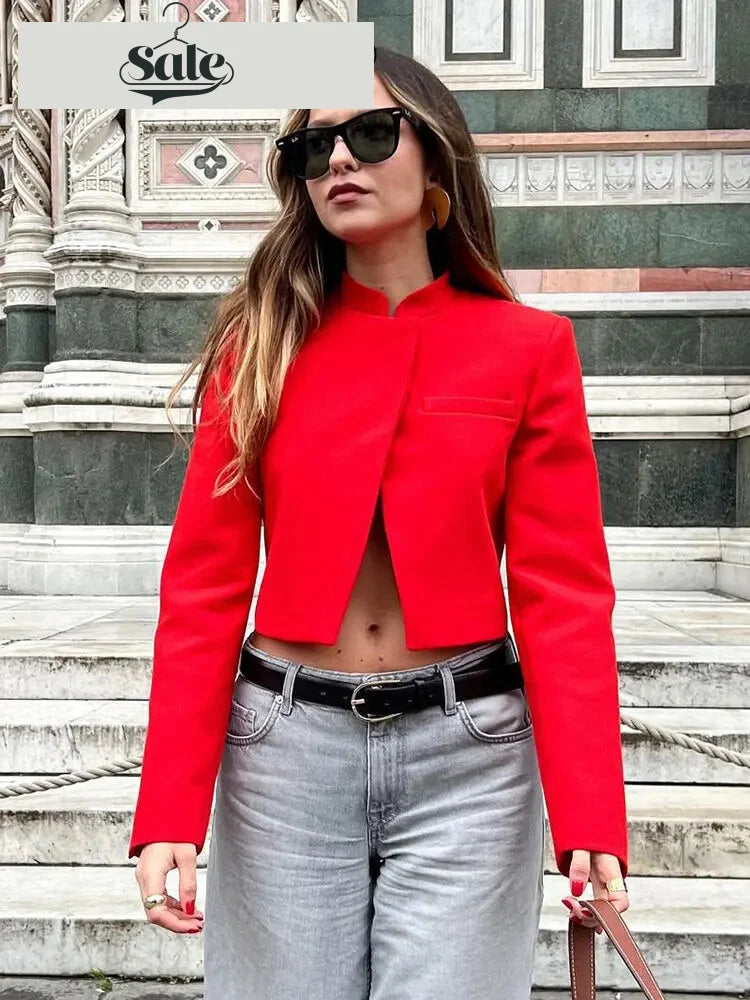 Women Blazers- High-Neck Red Cropped Blazer – Tailored Women’s Jacket- - IndioGear.com