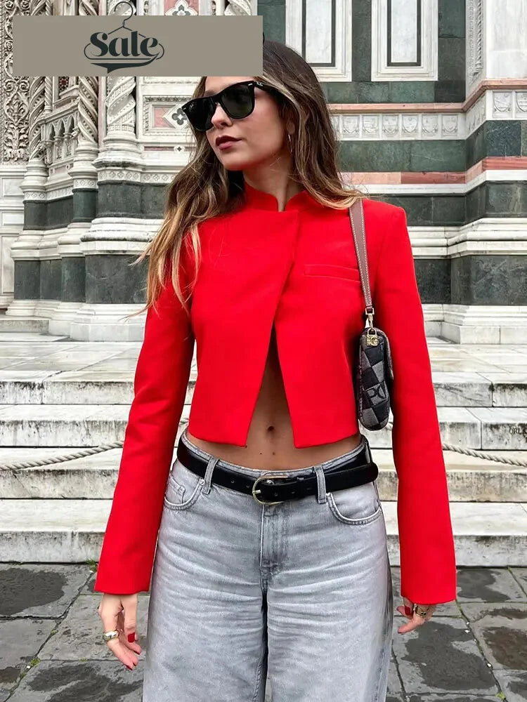 Women Blazers- High-Neck Red Cropped Blazer – Tailored Women’s Jacket- - IndioGear.com