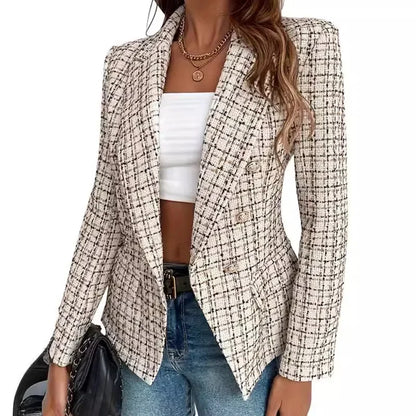 Women Blazers- Long Sleeve Double Breasted Business Blazer – Slim Fit- Apricot- IndioGear.com