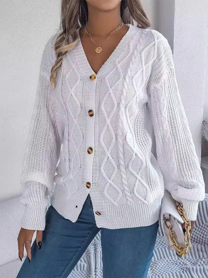 Women Cardigans- Cozy Cable Knit Cardigan Autumn Layering- White- IndioGear.com