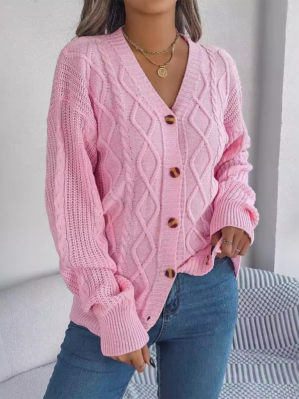 Women Cardigans- Cozy Cable Knit Cardigan Autumn Layering- Pink- IndioGear.com