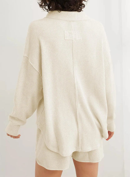 Women Casual Tops- Baggy V-neck Waffle Knitted Sweater Top- - IndioGear.com