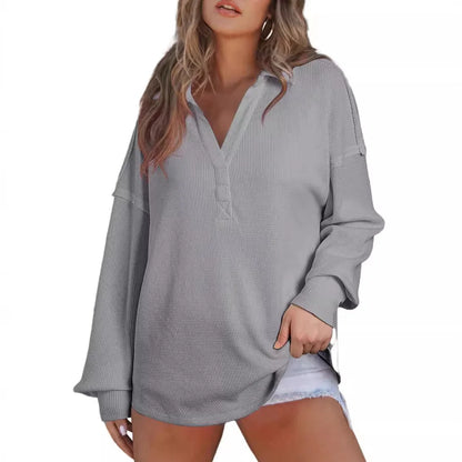 Women Casual Tops- Baggy V-neck Waffle Knitted Sweater Top- - IndioGear.com