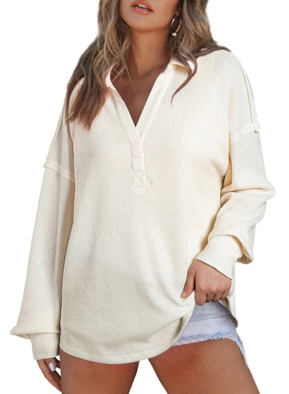 Women Casual Tops- Baggy V-neck Waffle Knitted Sweater Top- - IndioGear.com