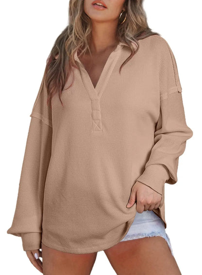 Women Casual Tops- Baggy V-neck Waffle Knitted Sweater Top- Khaki- IndioGear.com