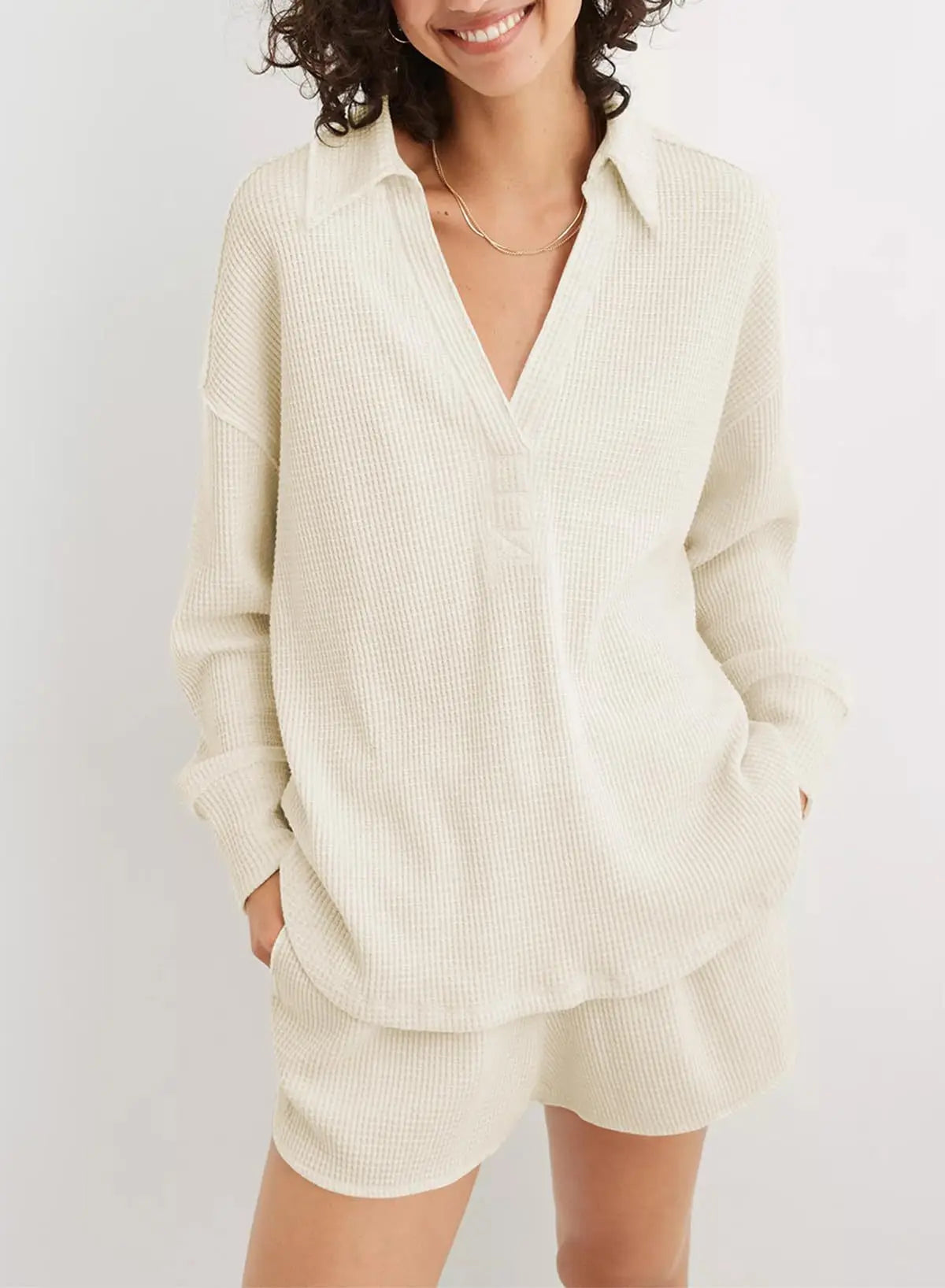 Women Casual Tops- Baggy V-neck Waffle Knitted Sweater Top- - IndioGear.com