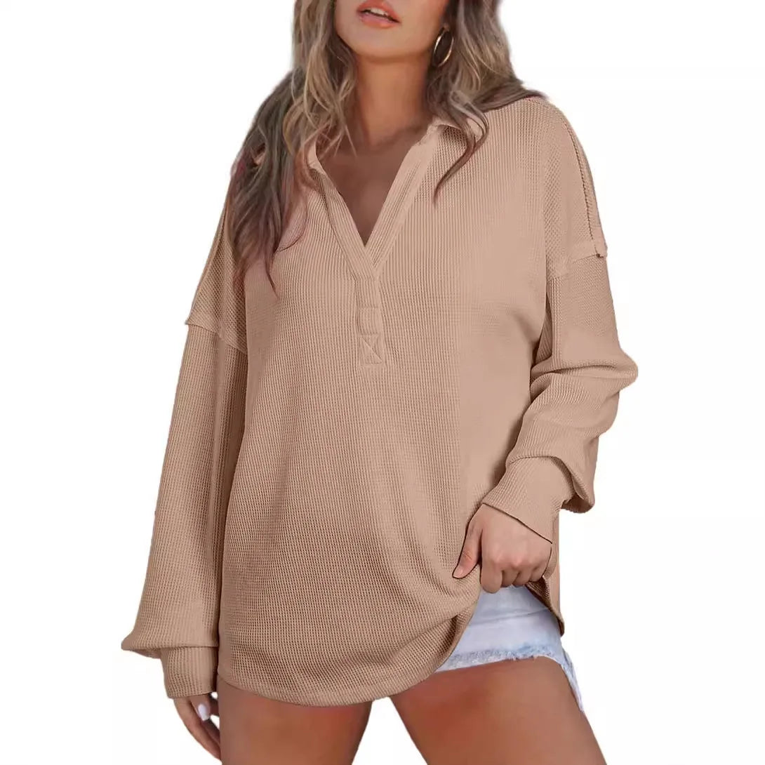 Women Casual Tops- Baggy V-neck Waffle Knitted Sweater Top- - IndioGear.com