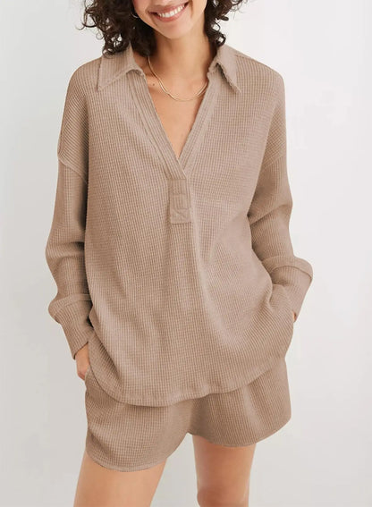 Women Casual Tops- Baggy V-neck Waffle Knitted Sweater Top- - IndioGear.com