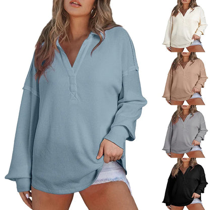 Women Casual Tops- Baggy V-neck Waffle Knitted Sweater Top- - IndioGear.com