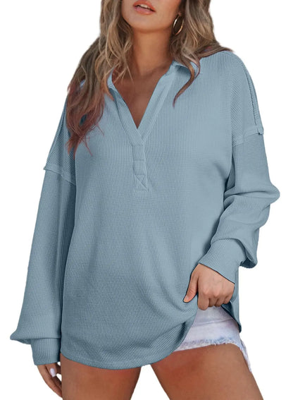 Women Casual Tops- Baggy V-neck Waffle Knitted Sweater Top- Blue- IndioGear.com