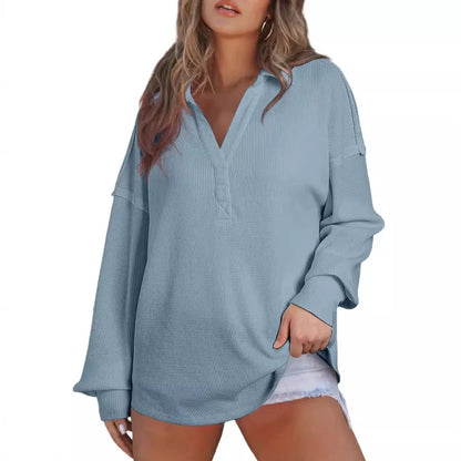 Women Casual Tops- Baggy V-neck Waffle Knitted Sweater Top- - IndioGear.com