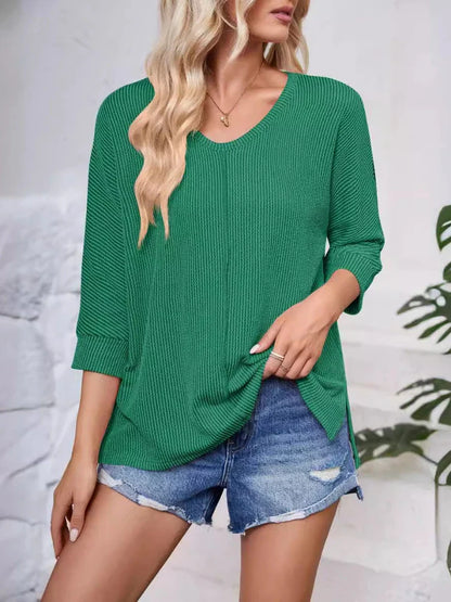 Women Casual Tops- Thick Ribbed Textured Oversized Casual Blouse- - IndioGear.com