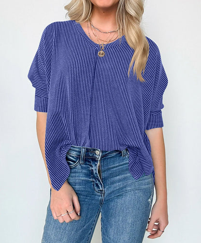 Women Casual Tops- Thick Ribbed Textured Oversized Casual Blouse- - IndioGear.com