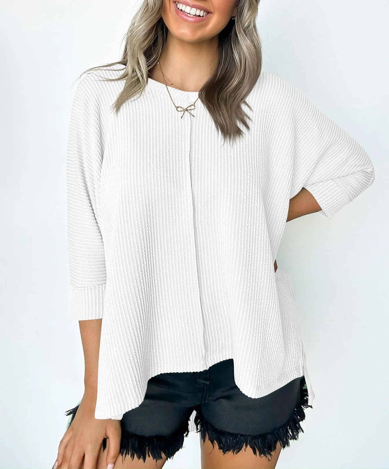 Women Casual Tops- Thick Ribbed Textured Oversized Casual Blouse- White- IndioGear.com