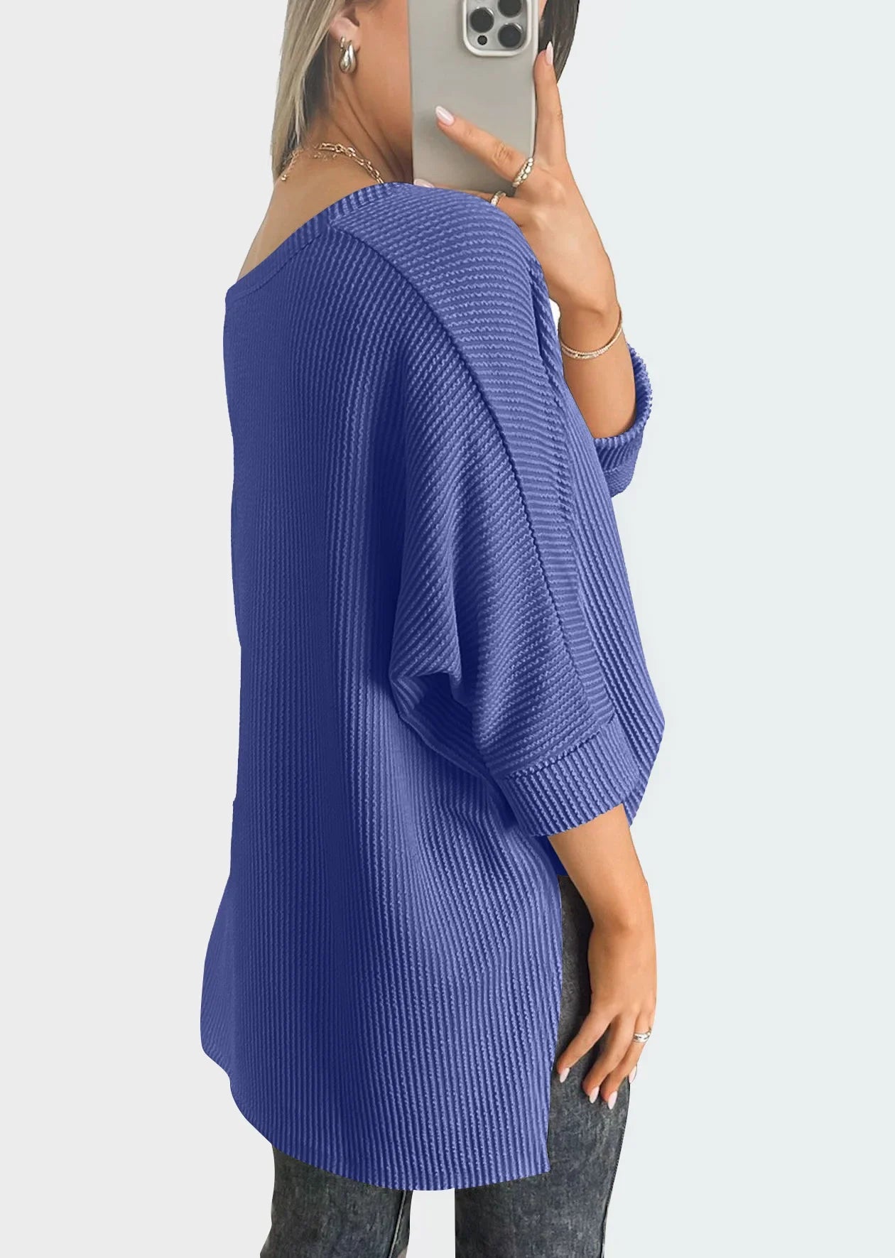 Women Casual Tops- Thick Ribbed Textured Oversized Casual Blouse- - IndioGear.com