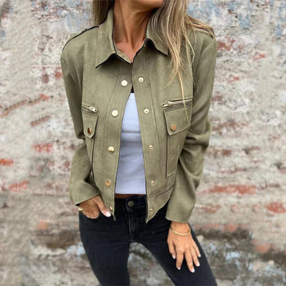 Women Coats and Jackets- Chic Suede Jacket with Metallic Yellow Accents- - IndioGear.com