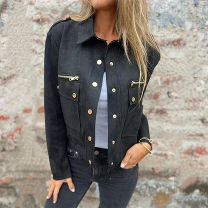 Women Coats and Jackets- Chic Suede Jacket with Metallic Yellow Accents- Black- IndioGear.com