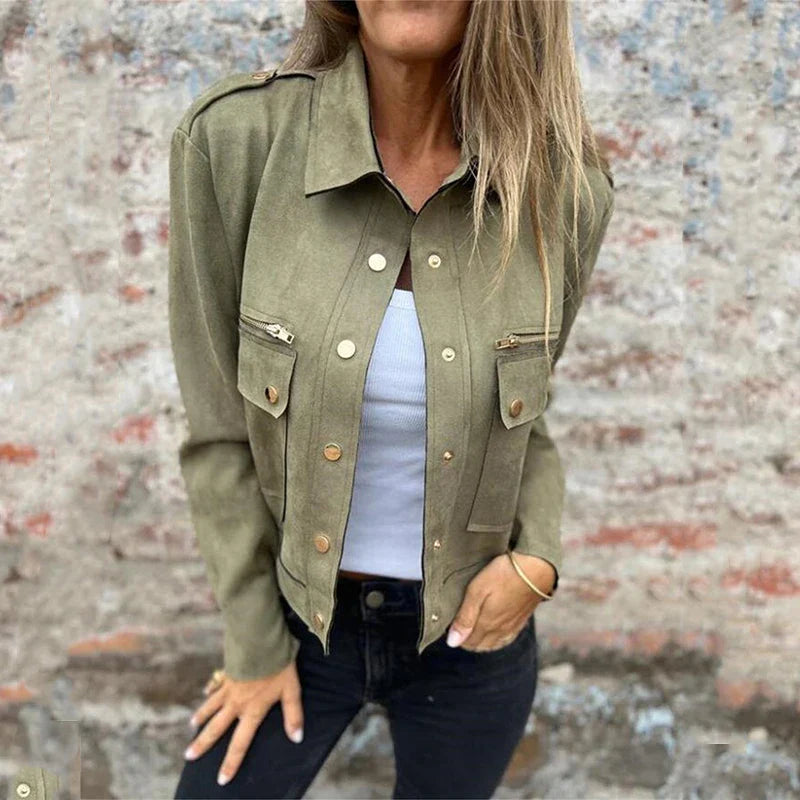 Women Coats and Jackets- Chic Suede Jacket with Metallic Yellow Accents- Green- IndioGear.com