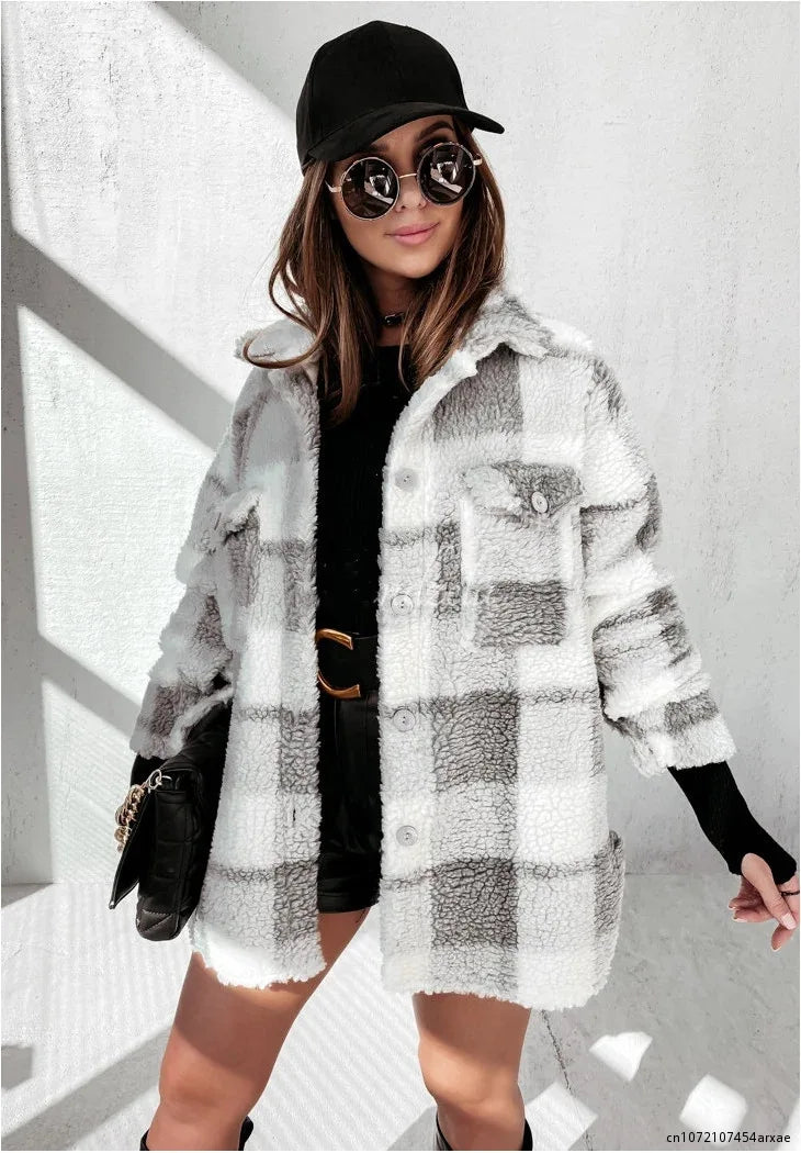 Women Coats and Jackets- Cozy Plaid Layering Piece- Gray- IndioGear.com