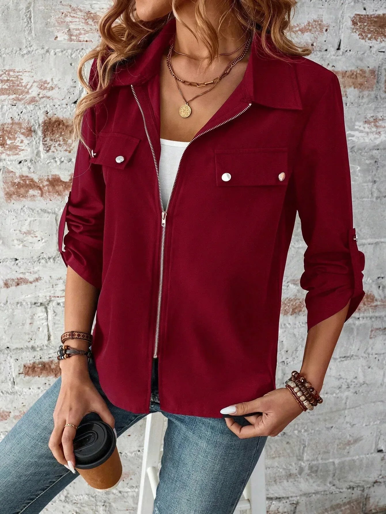 Women Coats and Jackets- Elegant Everyday Shacket: Snap & Zip Details- - IndioGear.com