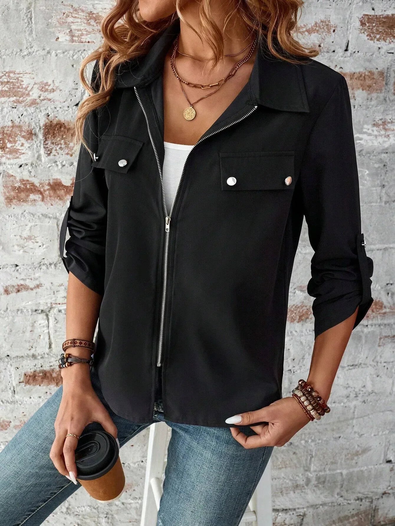 Women Coats and Jackets- Elegant Everyday Shacket: Snap & Zip Details- - IndioGear.com