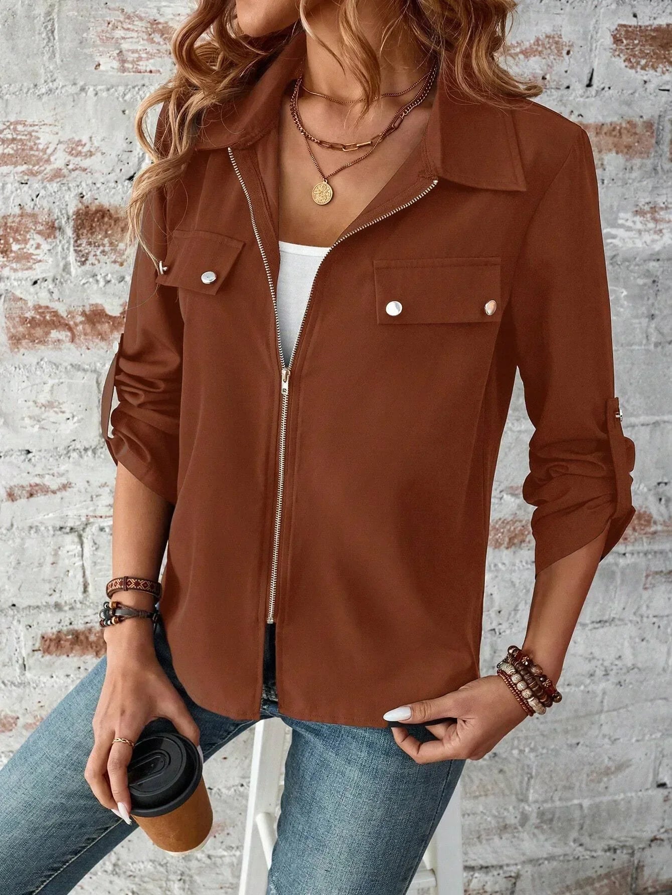 Women Coats and Jackets- Elegant Everyday Shacket: Snap & Zip Details- - IndioGear.com