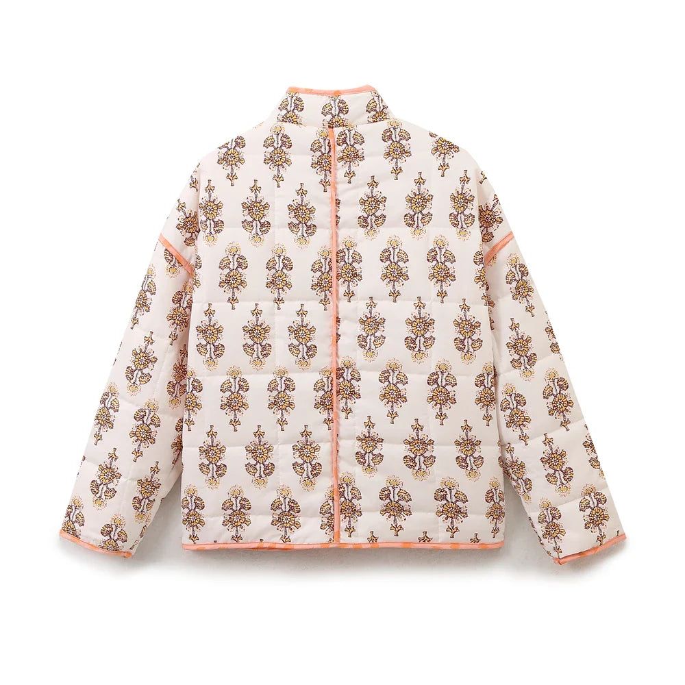 Jackets- Mandarin Collar Eclectic Flower Print Shacket Solid Trim- - IndioGear.com