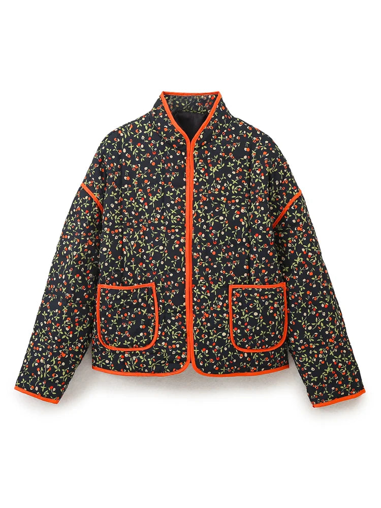 Jackets- Mandarin Collar Eclectic Flower Print Shacket Solid Trim- Black- IndioGear.com