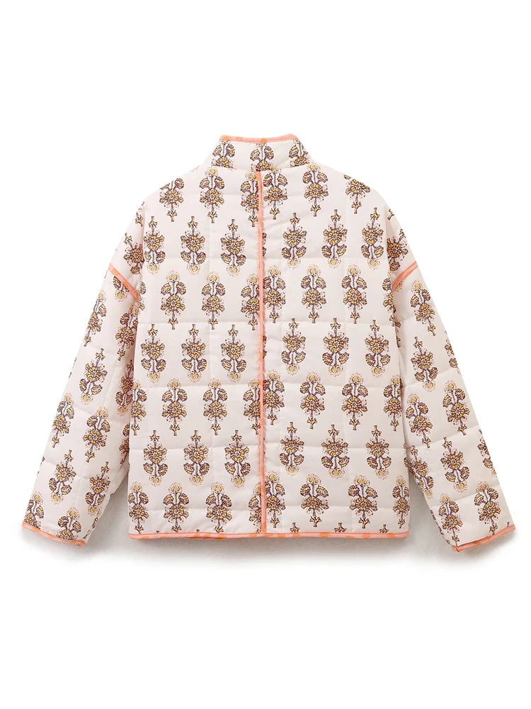 Jackets- Mandarin Collar Eclectic Flower Print Shacket Solid Trim- - IndioGear.com