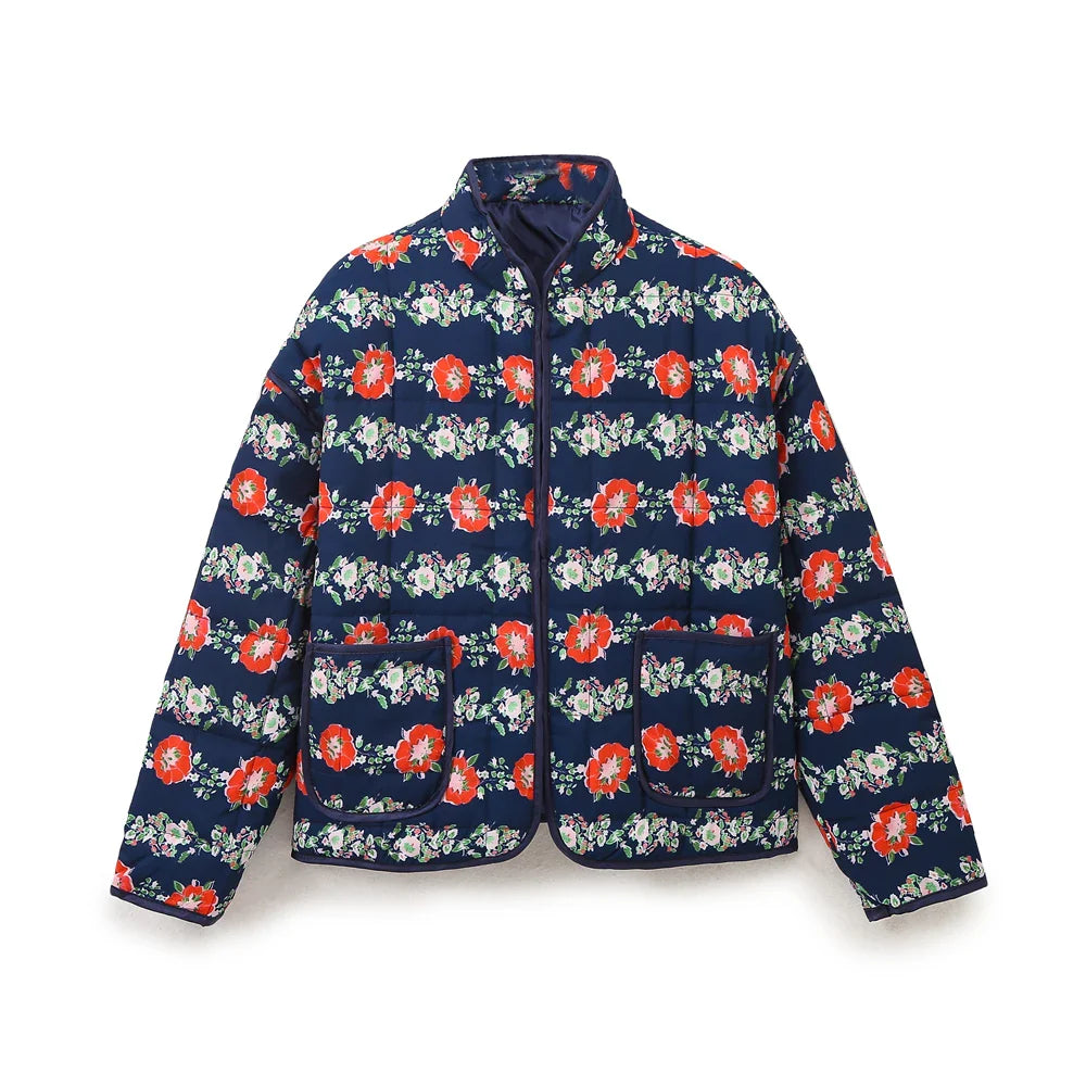 Jackets- Mandarin Collar Eclectic Flower Print Shacket Solid Trim- - IndioGear.com