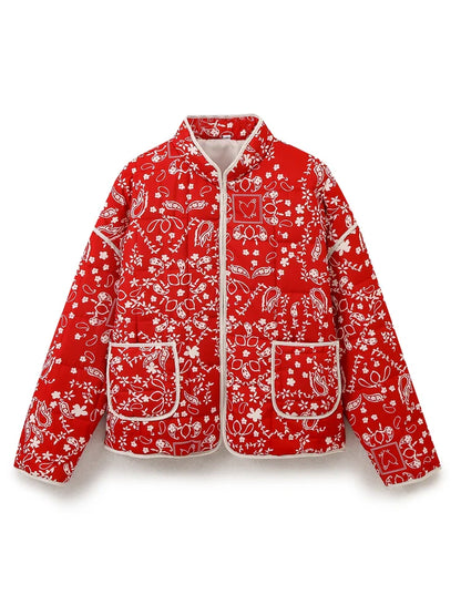 Jackets- Mandarin Collar Eclectic Flower Print Shacket Solid Trim- Red- IndioGear.com