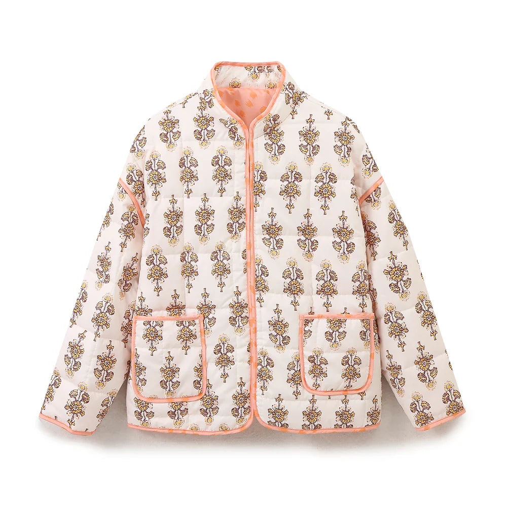 Jackets- Mandarin Collar Eclectic Flower Print Shacket Solid Trim- - IndioGear.com