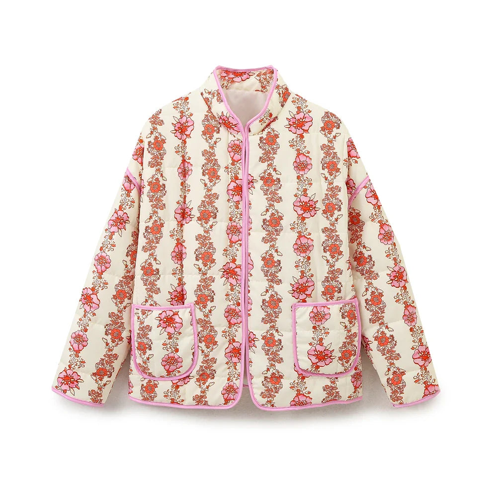 Jackets- Mandarin Collar Eclectic Flower Print Shacket Solid Trim- - IndioGear.com