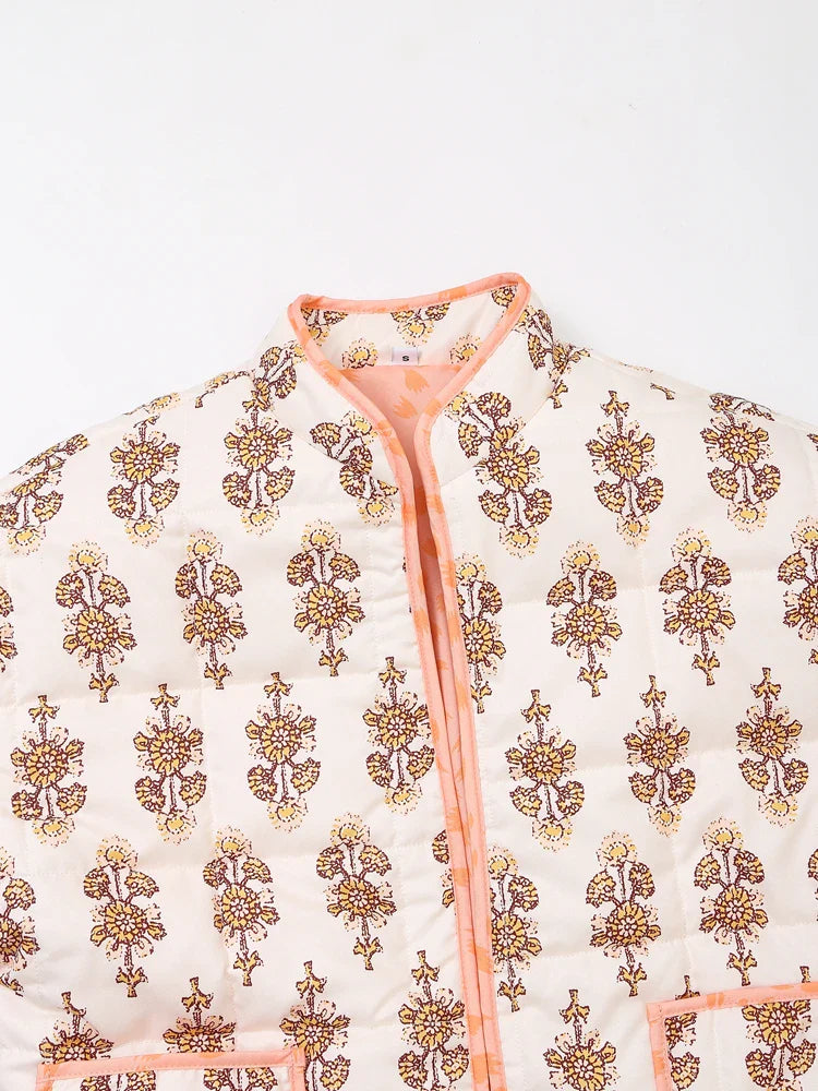 Jackets- Mandarin Collar Eclectic Flower Print Shacket Solid Trim- - IndioGear.com