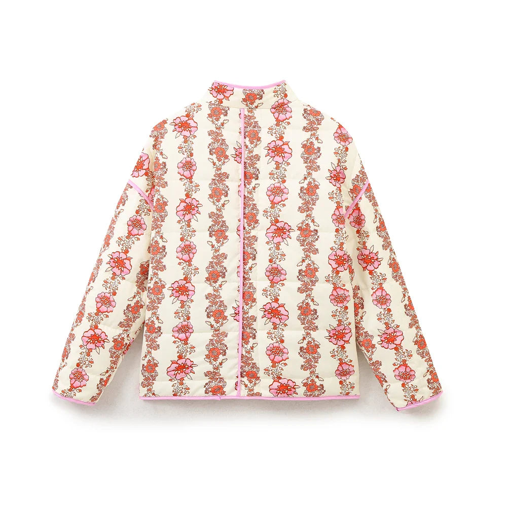 Jackets- Mandarin Collar Eclectic Flower Print Shacket Solid Trim- - IndioGear.com