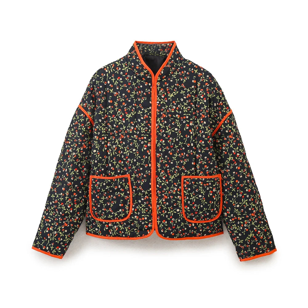 Jackets- Mandarin Collar Eclectic Flower Print Shacket Solid Trim- - IndioGear.com