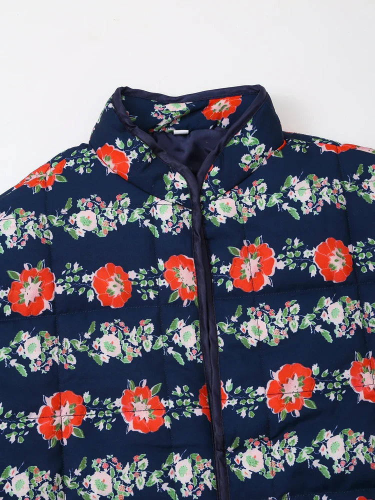 Jackets- Mandarin Collar Eclectic Flower Print Shacket Solid Trim- - IndioGear.com