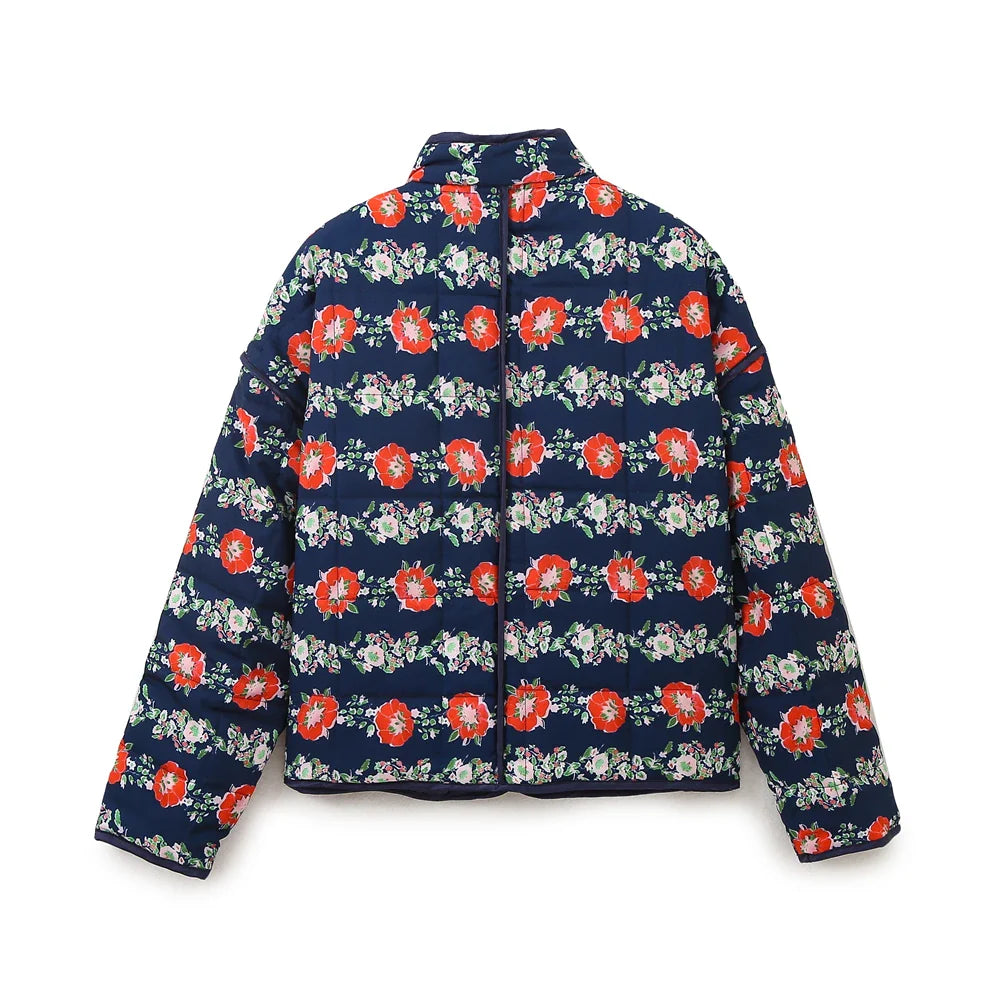 Jackets- Mandarin Collar Eclectic Flower Print Shacket Solid Trim- - IndioGear.com