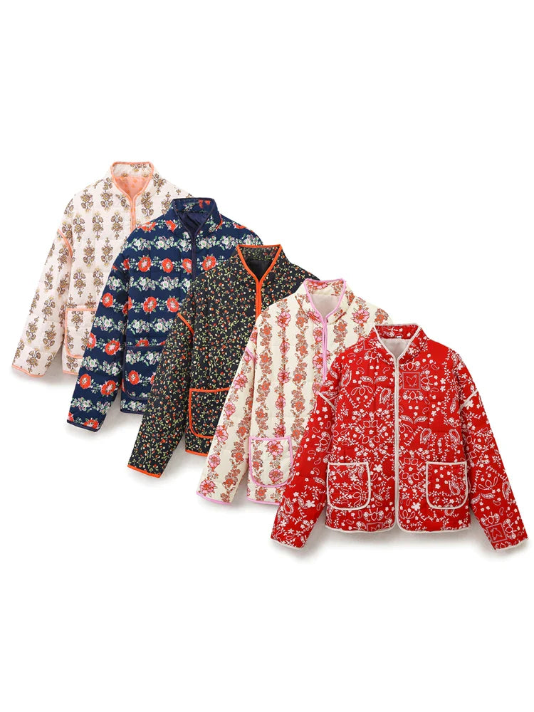 Jackets- Mandarin Collar Eclectic Flower Print Shacket Solid Trim- - IndioGear.com