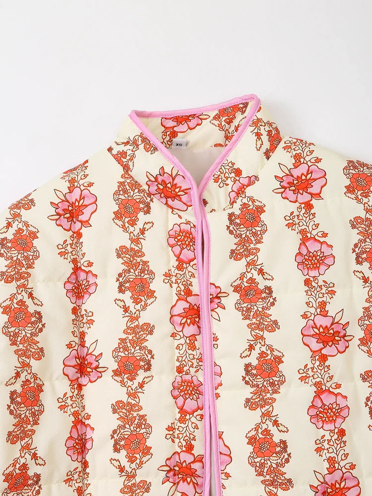 Jackets- Mandarin Collar Eclectic Flower Print Shacket Solid Trim- - IndioGear.com