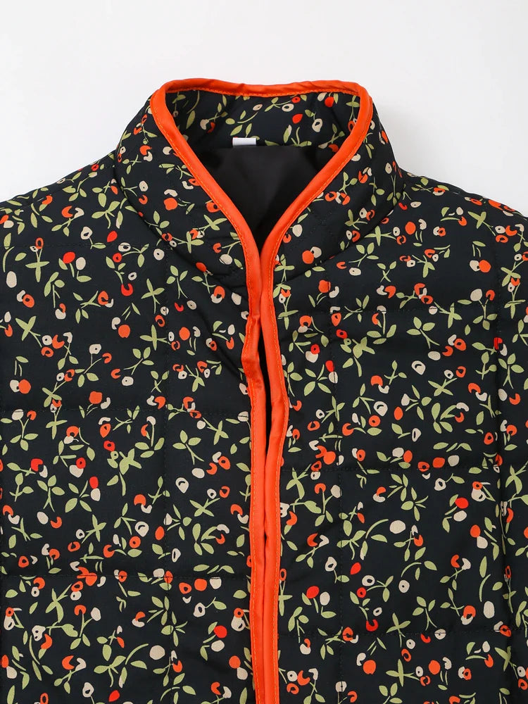 Jackets- Mandarin Collar Eclectic Flower Print Shacket Solid Trim- - IndioGear.com